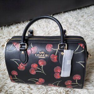 Coach Rowan Satchel Bag in Leather with Cherry Print Black Multi NWT